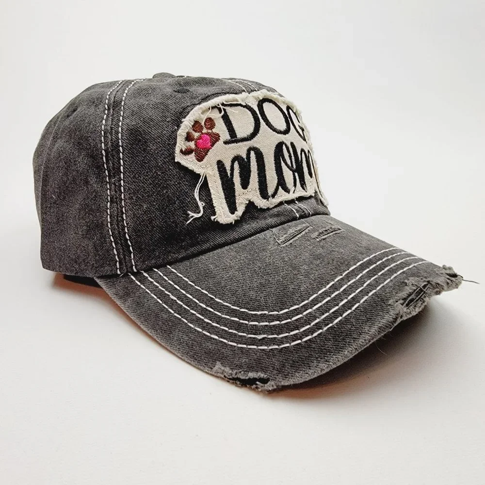 Dog Mom Distressed Relaxed Buckle Strap Full Cover Baseball Hat Cap Washed Black